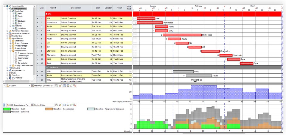 Asta Powerproject Enterprise portfolio with stacked resource allocation histograms